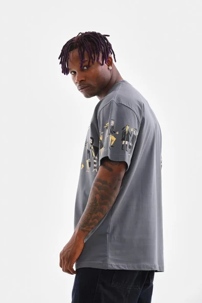 Unisex Bisiklet Yaka Baskılı Oversize T-Shirt - Gri - Resim 6