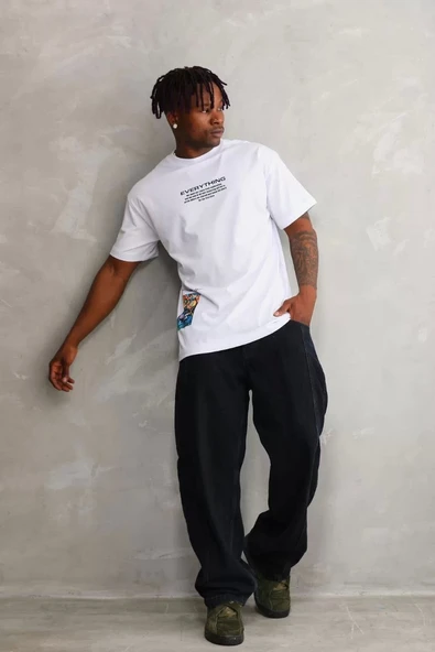 Unisex Bisiklet Yaka Baskılı Oversize T-Shirt - Beyaz - Resim 5