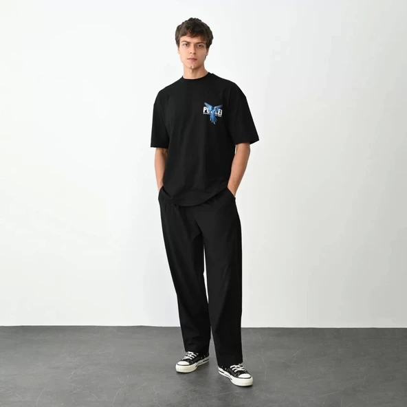 Unisex Bisiklet Yaka Baskılı Oversize T-Shirt - Siyah - Resim 4