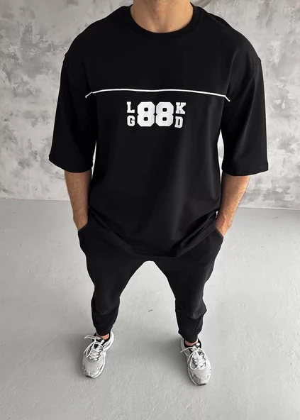 Unisex Bisiklet Yaka Baskılı Oversize T-Shirt - Siyah - 1