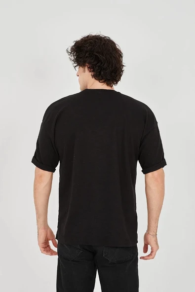 Unisex Jakar Kumaş Rahat Kol T-Shirt - Siyah - Resim 3