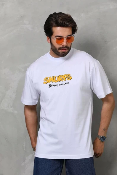 Unisex Bisiklet Yaka Baskılı Oversize T-Shirt - Beyaz ürün görseli