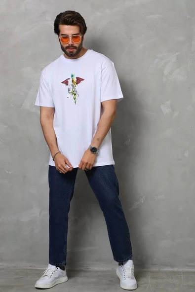Unisex Bisiklet Yaka Baskılı Oversize T-Shirt - Beyaz - Resim 4