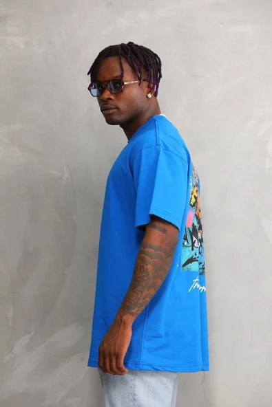 Unisex Bisiklet Yaka Baskılı Oversize T-Shirt - Mavi - Resim 6