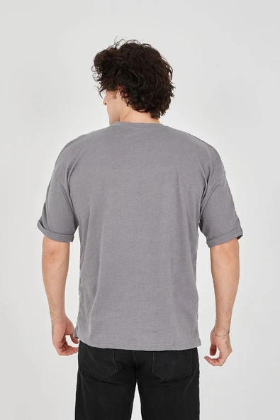 Unisex Jakar Kumaş Rahat Kol T-Shirt - Gri - 3