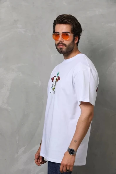 Unisex Bisiklet Yaka Baskılı Oversize T-Shirt - Beyaz - Resim 6