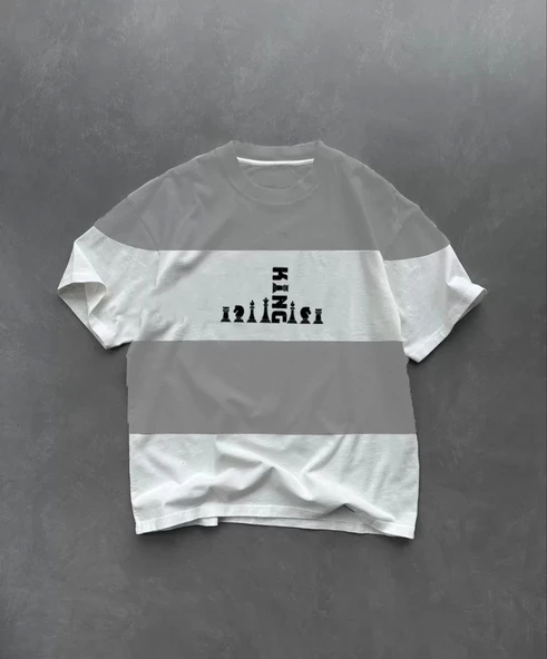 Unisex Bisiklet Yaka Baskılı Parçalı Oversize T-Shirt - Gri - 1