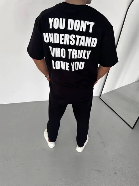 Unisex Bisiklet Yaka Baskılı Oversize T-Shirt - Siyah - Resim 3