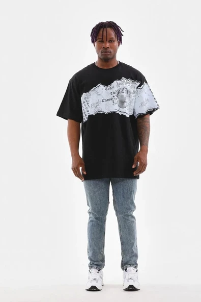 Unisex Bisiklet Yaka Baskılı Oversize T-Shirt - Siyah - Resim 5