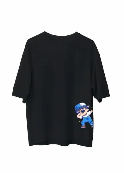 Unisex Bisiklet Yaka Baskılı Oversize T-Shirt - Siyah ürün görseli