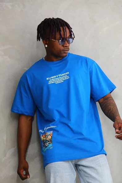 Unisex Bisiklet Yaka Baskılı Oversize T-Shirt - Mavi - Resim 2