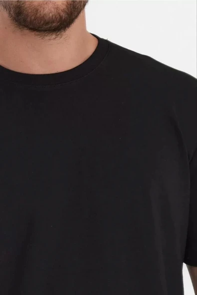 Unisex Düz Biskilet Yaka Oversize T-shirt - Siyah - Resim 3