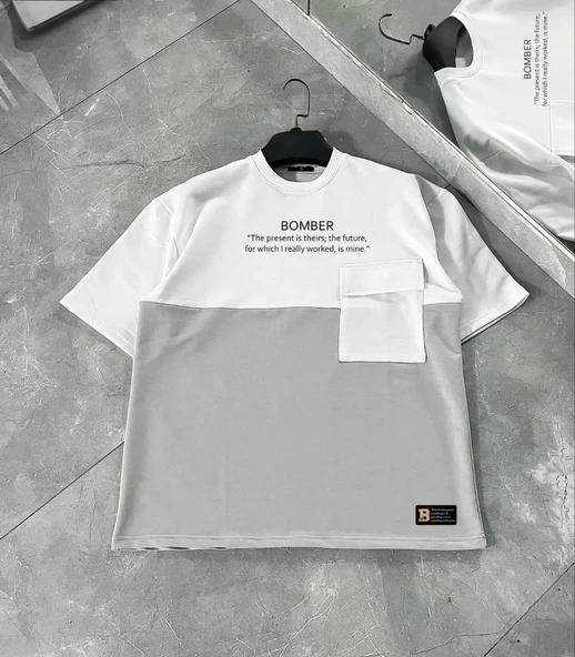 Unisex Torba Cep Detaylı  Parçalı T-Shirt - Gri ürün görseli