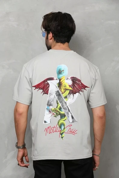 Unisex Bisiklet Yaka Baskılı Oversize T-Shirt - Gri - Resim 7