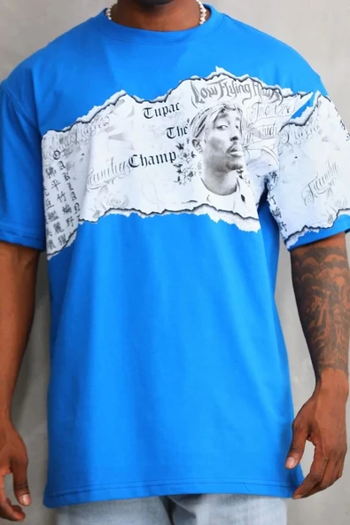 Unisex Bisiklet Yaka Baskılı Oversize T-Shirt - Mavi ürün görseli