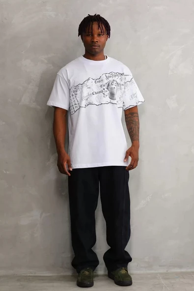 Unisex Bisiklet Yaka Baskılı Oversize T-Shirt - Beyaz - Resim 4