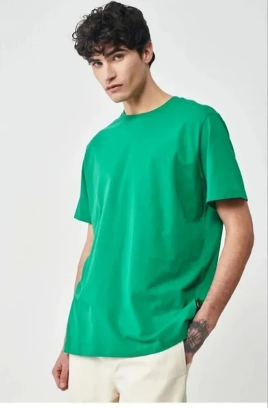 Unisex Düz Biskilet Yaka Oversize T-shirt - Yeşil - Resim 4