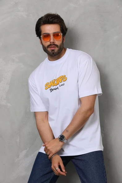 Unisex Bisiklet Yaka Baskılı Oversize T-Shirt - Beyaz - Resim 8