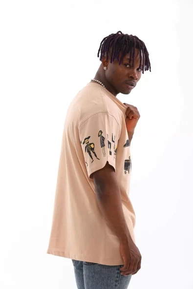 Unisex Bisiklet Yaka Baskılı Oversize T-Shirt - Bej - Resim 6