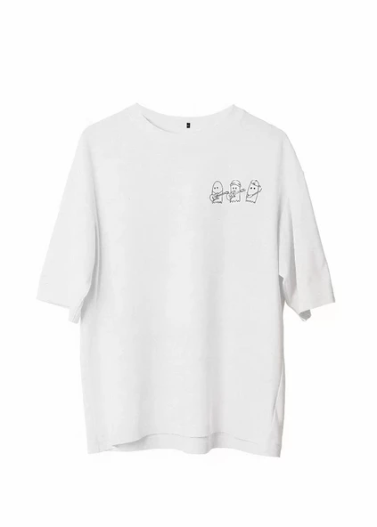 Unisex Bisiklet Yaka Baskılı Oversize T-Shirt - Beyaz ürün görseli