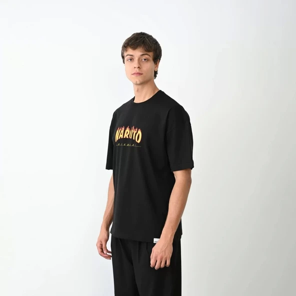 Unisex Bisiklet Yaka Baskılı Oversize T-Shirt - Siyah - Resim 3