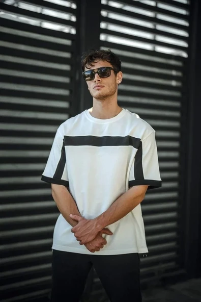 Unisex Yandan Fermuarlı Parçalı T-Shirt - Beyaz - 1