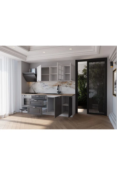 visasconcept 220 Cm Mdf Gövde Mebran Kapak Üç Çekmeceli Emre Hazır Mutfak - Antrasit - Beyaz(TEZGAH DAHİL) - 2