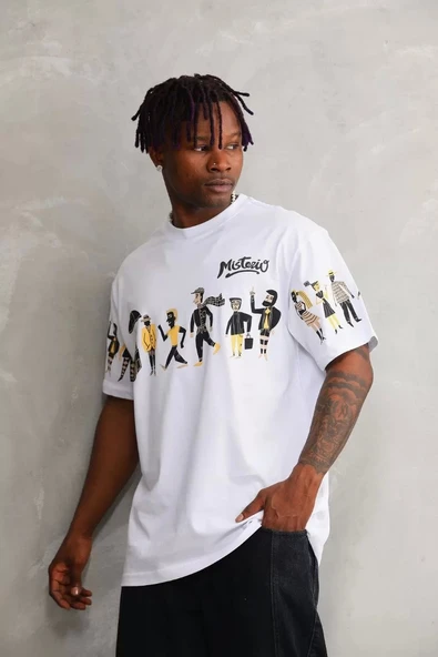 Unisex Bisiklet Yaka Baskılı Oversize T-Shirt - Beyaz ürün görseli