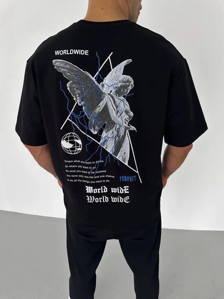 Unisex Bisiklet Yaka Baskılı Oversize T-Shirt - Siyah - 2