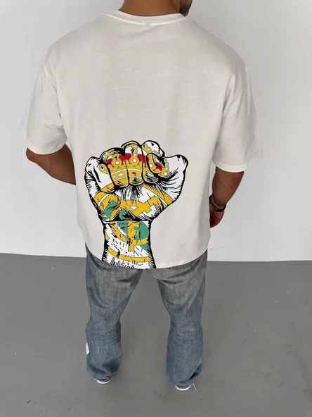 Unisex Bisiklet Yaka Baskılı Oversize T-Shirt - Beyaz - Resim 2