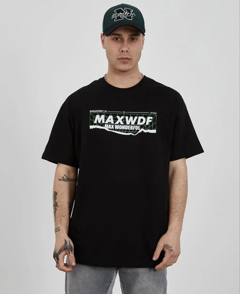 Unisex Bisiklet Yaka Baskılı Oversize T-Shirt - Siyah ürün görseli