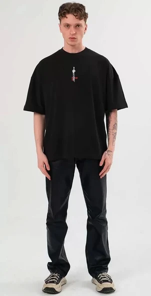 Unisex Bisiklet Yaka Baskılı Oversize T-Shirt - Siyah ürün görseli