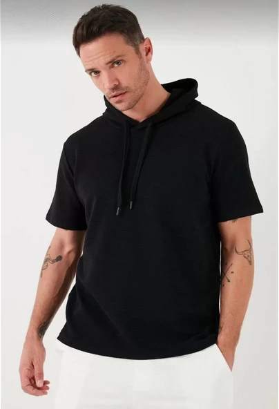 Unisex Kapşonlu Kısa Kol Düz Oversize T-shirt - Siyah - Resim 4