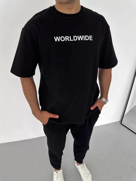Unisex Bisiklet Yaka Baskılı Oversize T-Shirt - Siyah - 1