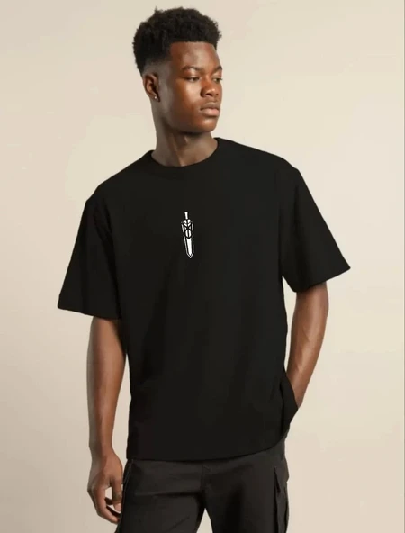 Unisex Bisiklet Yaka Baskılı Oversize T-Shirt - Siyah ürün görseli