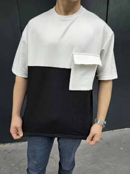 Unisex Torba Cep Detaylı Parçalı T-Shirt - Siyah - 1