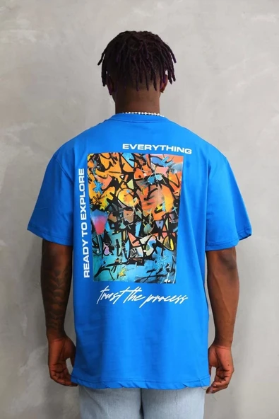 Unisex Bisiklet Yaka Baskılı Oversize T-Shirt - Mavi - Resim 7