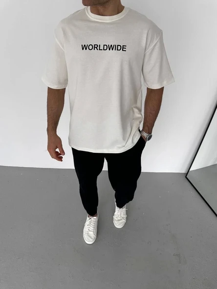 Unisex Bisiklet Yaka Baskılı Oversize T-Shirt - Beyaz ürün görseli