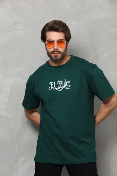 Unisex Bisiklet Yaka Baskılı Oversize T-Shirt - Yeşil - 2