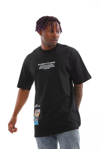 Unisex Bisiklet Yaka Baskılı Oversize T-Shirt - Siyah - Resim 2