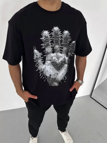 Unisex Bisiklet Yaka Baskılı Oversize T-Shirt - Siyah ürün görseli
