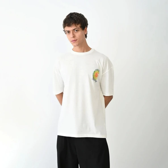 Unisex Bisiklet Yaka Baskılı Oversize T-Shirt - Beyaz - Resim 3