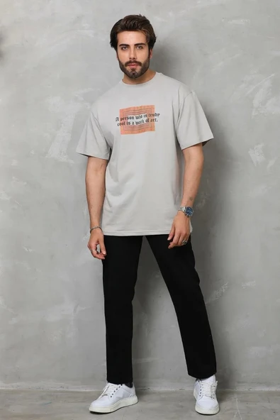 Unisex Bisiklet Yaka Baskılı Oversize T-Shirt - Gri - Resim 5