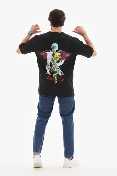 Unisex Bisiklet Yaka Baskılı Oversize T-Shirt - Siyah - Resim 6