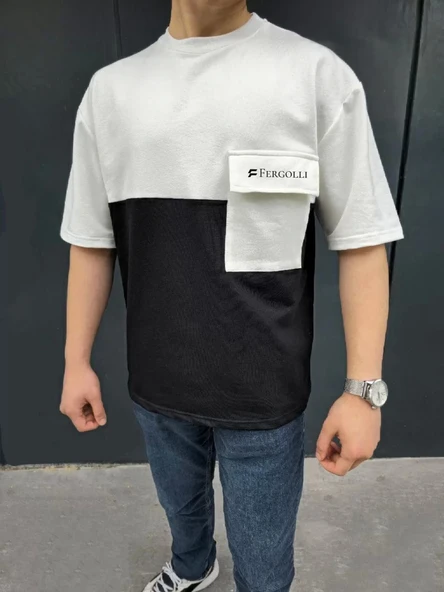 Unisex Torba Cep Detaylı  Parçalı T-Shirt - Siyah ürün görseli