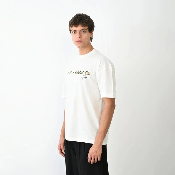 Unisex Bisiklet Yaka Baskılı Oversize T-Shirt - Beyaz - Resim 2