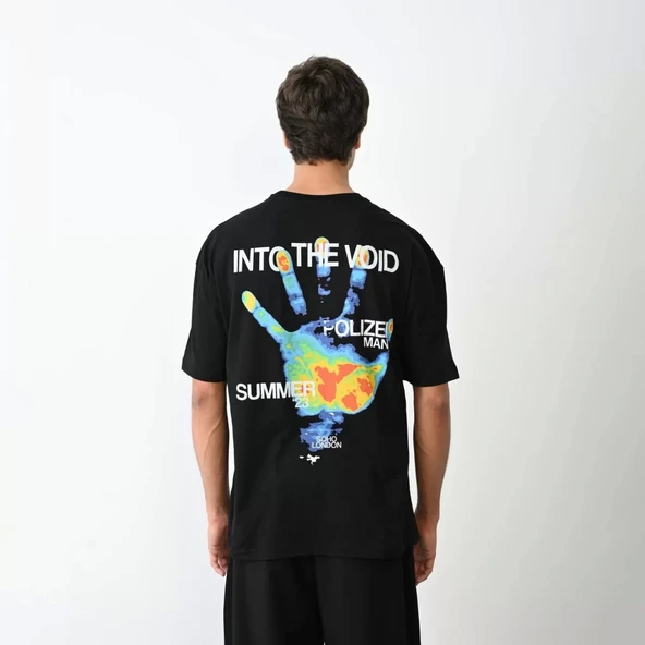 Unisex Bisiklet Yaka Baskılı Oversize T-Shirt - Siyah - Resim 5