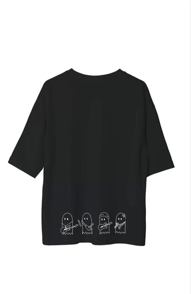 Unisex Bisiklet Yaka Baskılı Oversize T-Shirt - Siyah - Resim 2