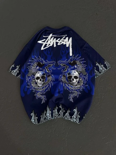 Unisex Bisiklet Yaka Baskılı Oversize T-Shirt - Lacivert - Resim 6