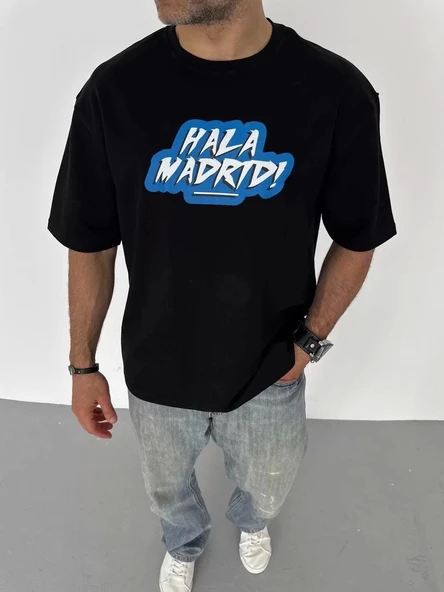 Unisex Bisiklet Yaka Baskılı Oversize T-Shirt - Siyah - 1